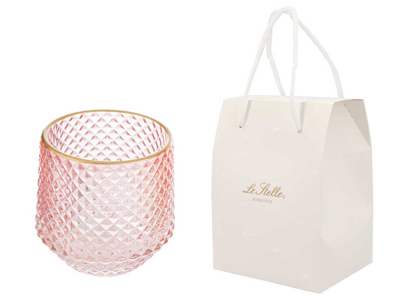 Portacandele classico in vetro rosa con decori a rilievo, 9xh.10 cm - Le Stelle