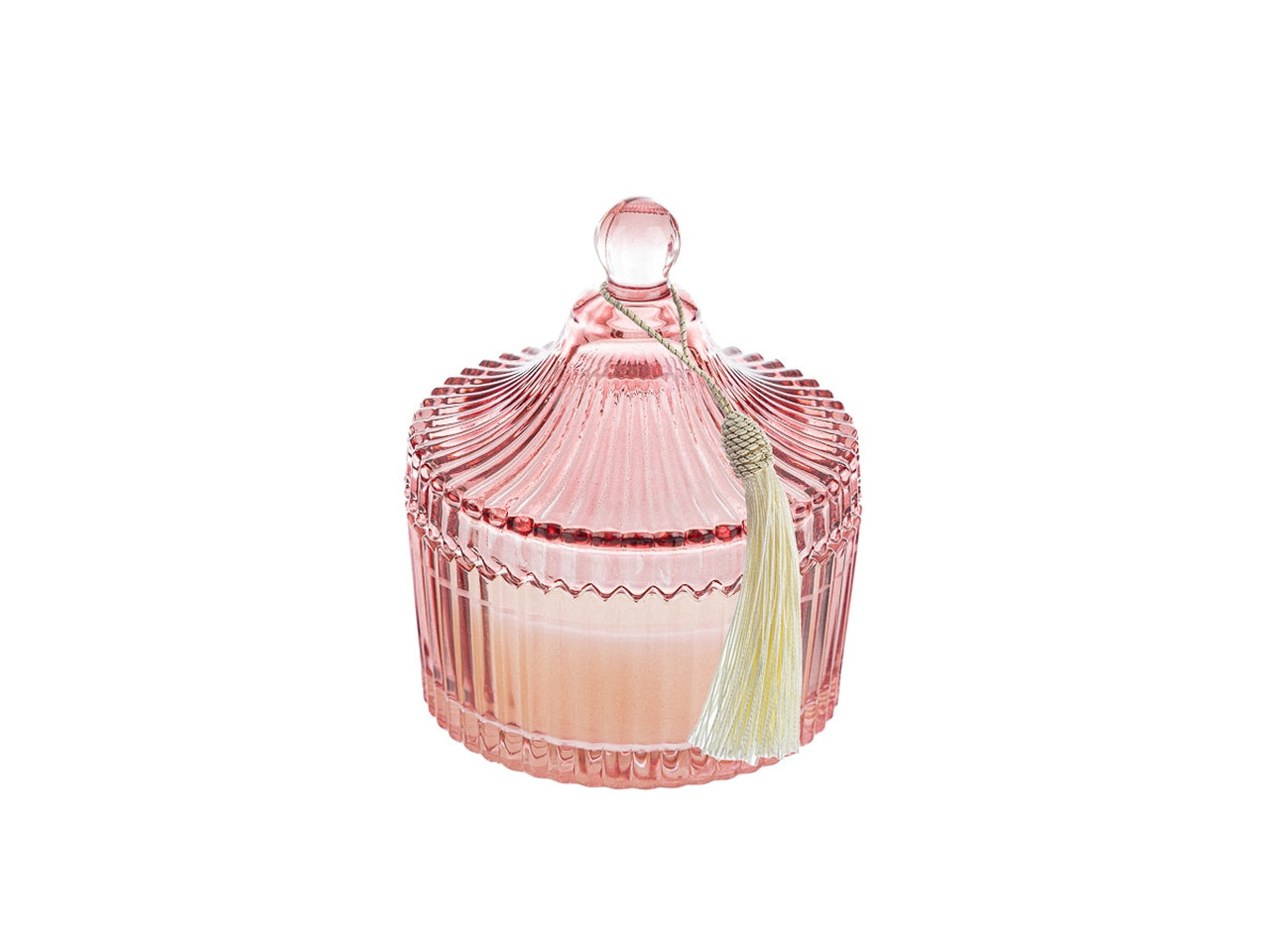 Candela profumata magnolia e fresie, vasetto in vetro decorato a rilievo rosa con shopper in cartone avorio, 6,5xh.9 cm - Le Stelle