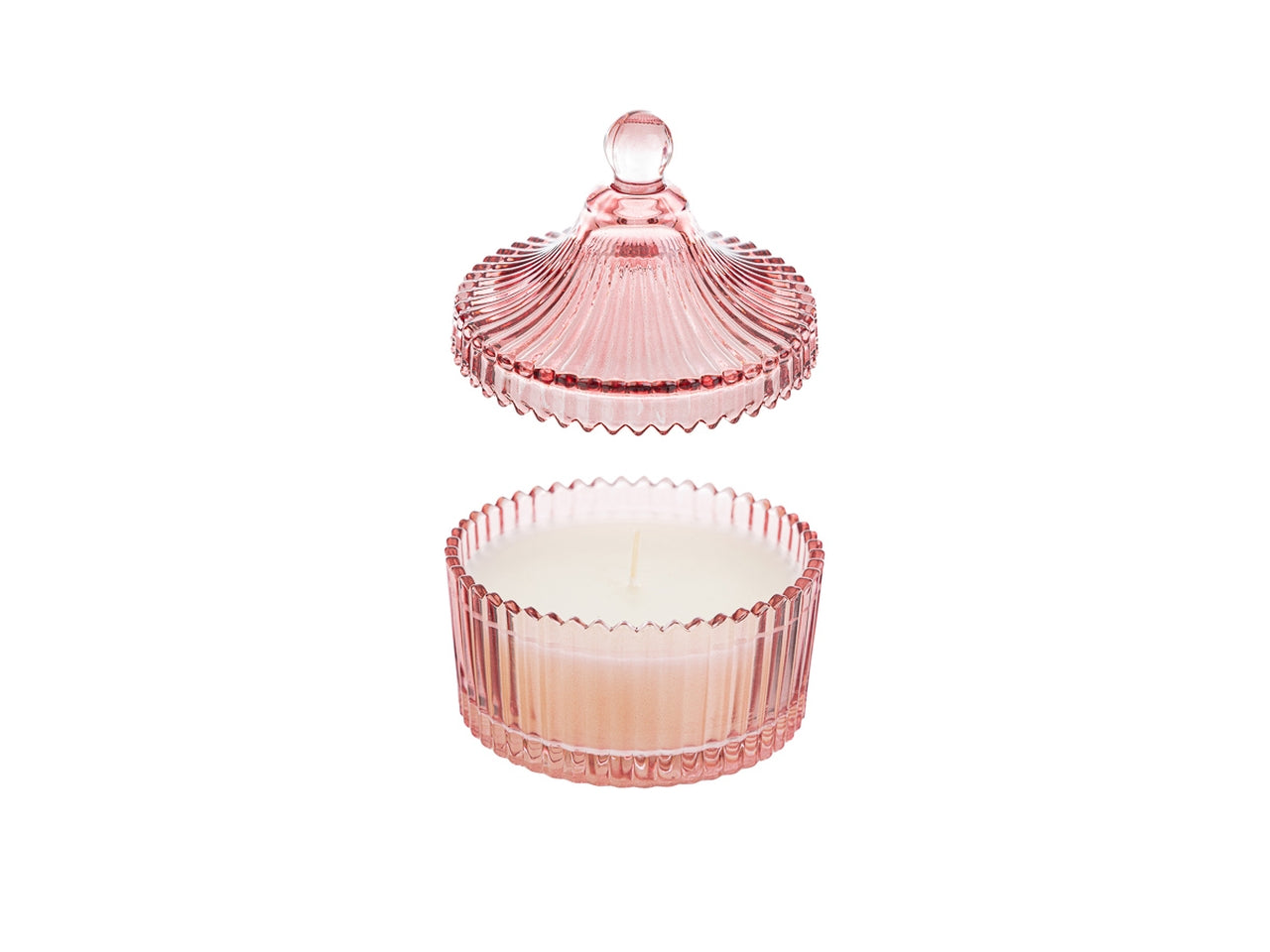 Candela profumata magnolia e fresie, vasetto in vetro decorato a rilievo rosa con shopper in cartone avorio, 6,5xh.9 cm - Le Stelle