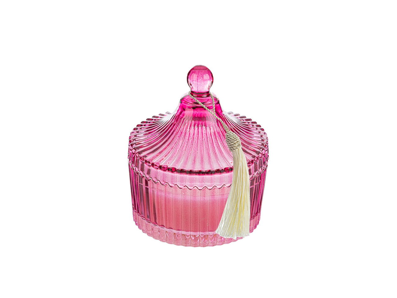 Candela profumata violette e amarena in vasetto di vetro decorato a rilievo fucsia e shopper avorio, 6,5xh.9 cm - Le Stelle