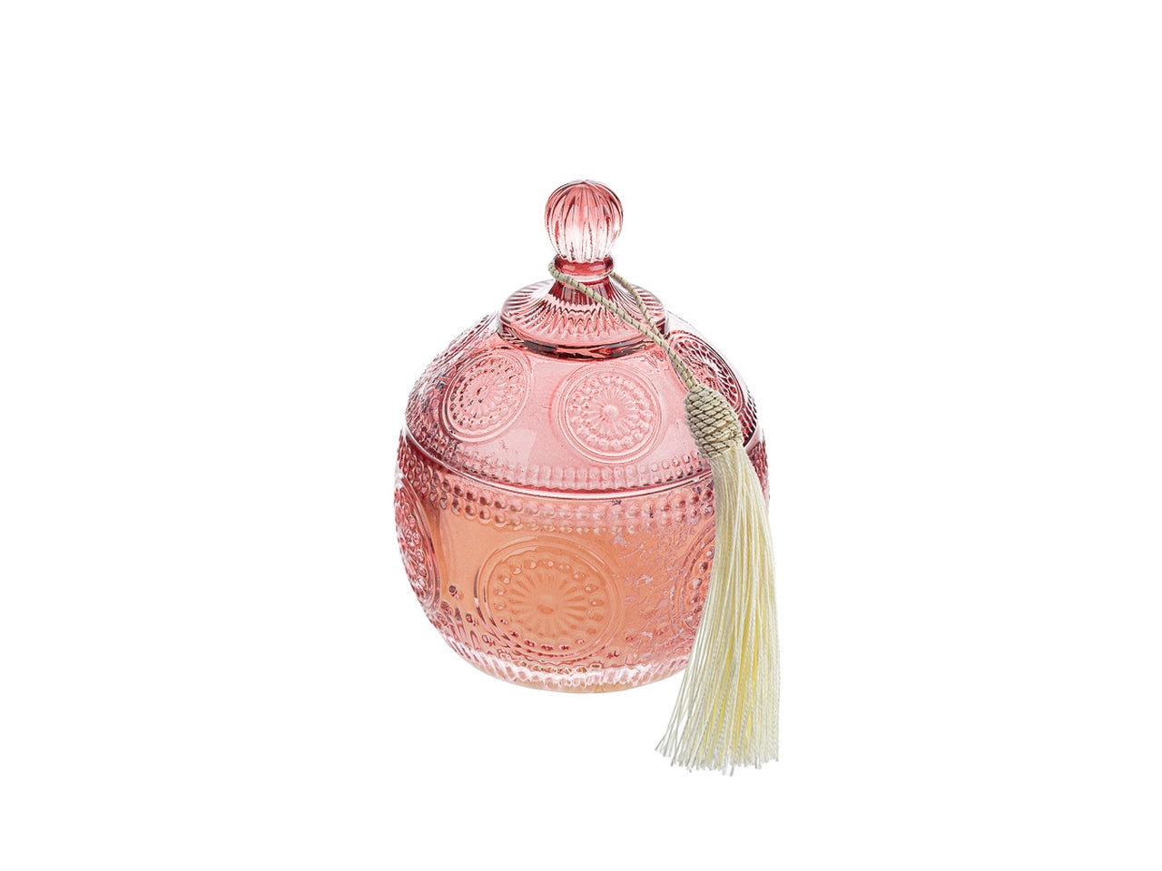 Candela profumata magnolia e fresie, vasetto con coperchio in vetro decorato a rilievo rosa con shopper avorio 8,5xh.12,5 cm - le stelle