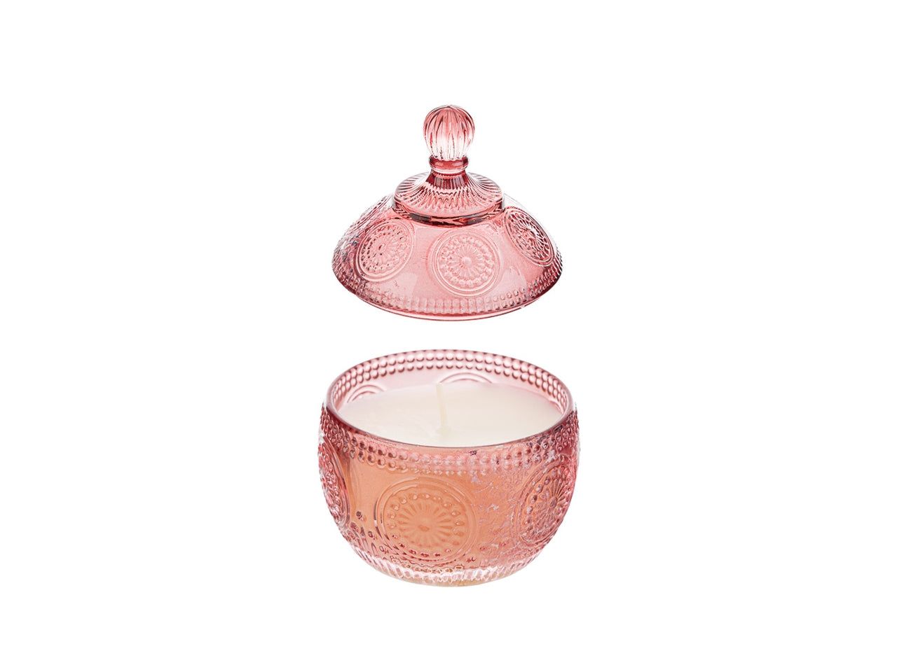 Candela profumata magnolia e fresie, vasetto con coperchio in vetro decorato a rilievo rosa con shopper avorio 8,5xh.12,5 cm - le stelle