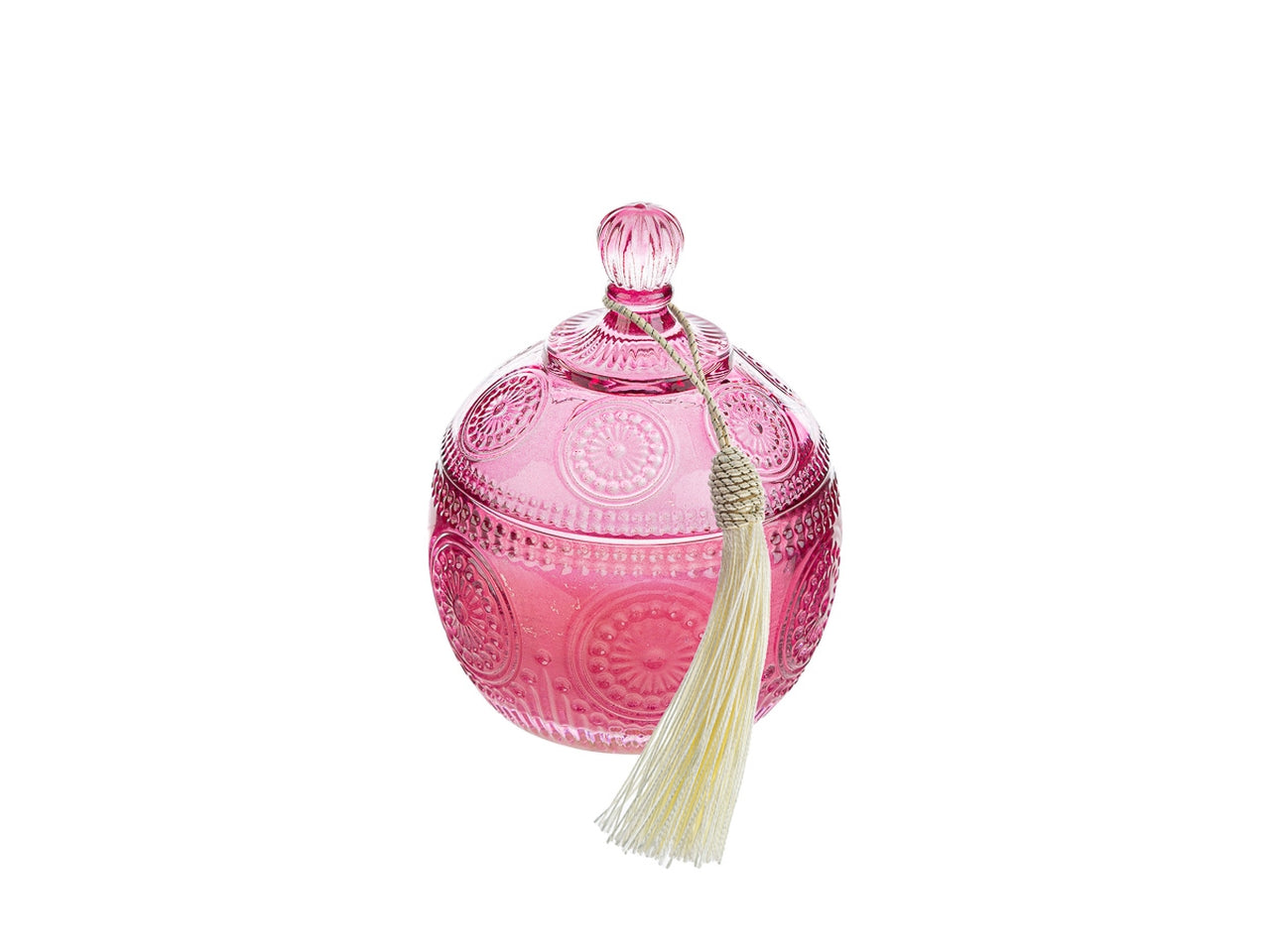 Candela profumata violette e amarene, vasetto con coperchio in vetro decorato a rilievo fucsia con shopper avorio 8,5xh.12,5 cm - Le Stelle