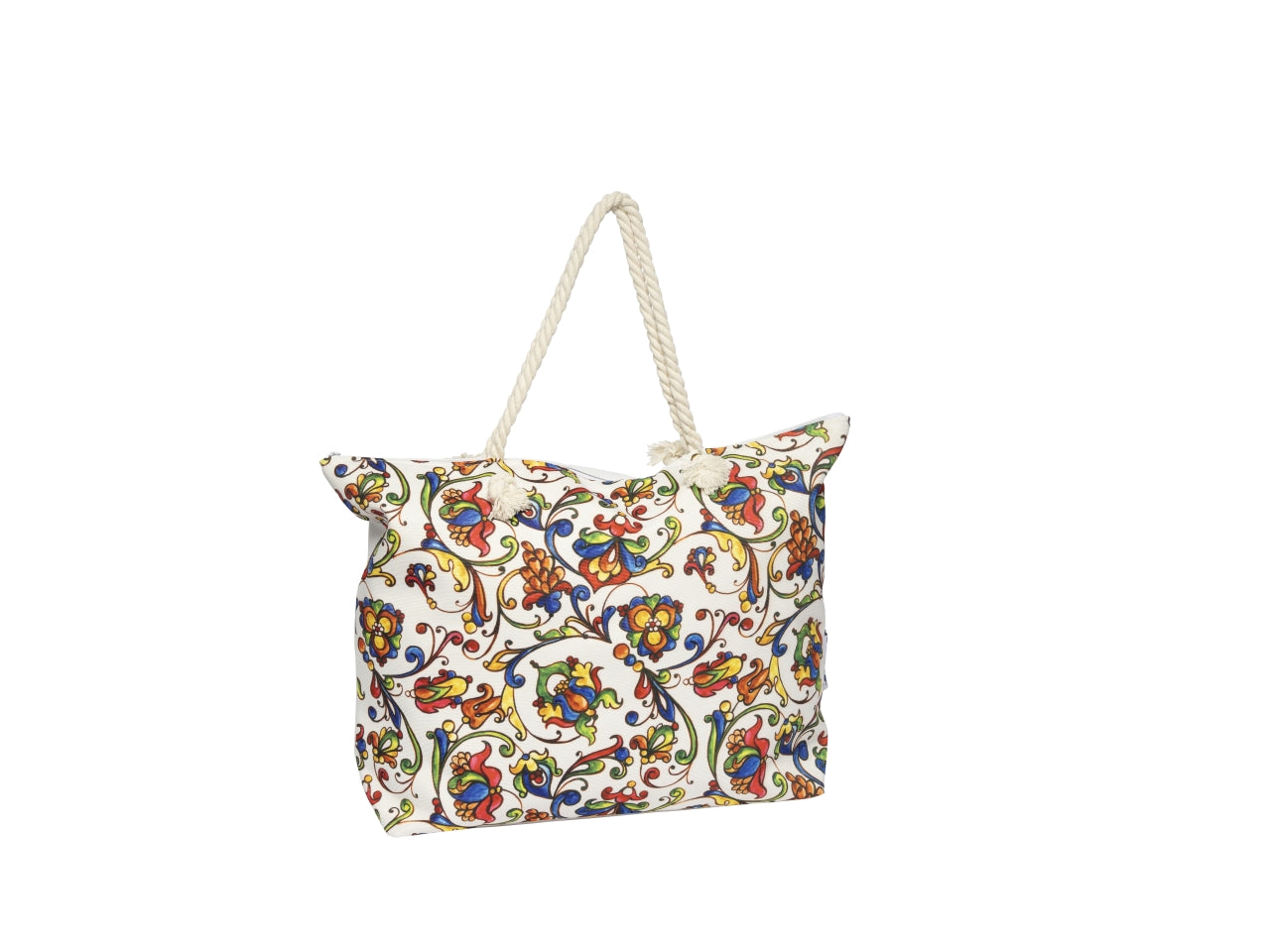 Borsa mare in misto cotone multicolor floreale con manici in corda naturale 55x40x13 cm - Rox
