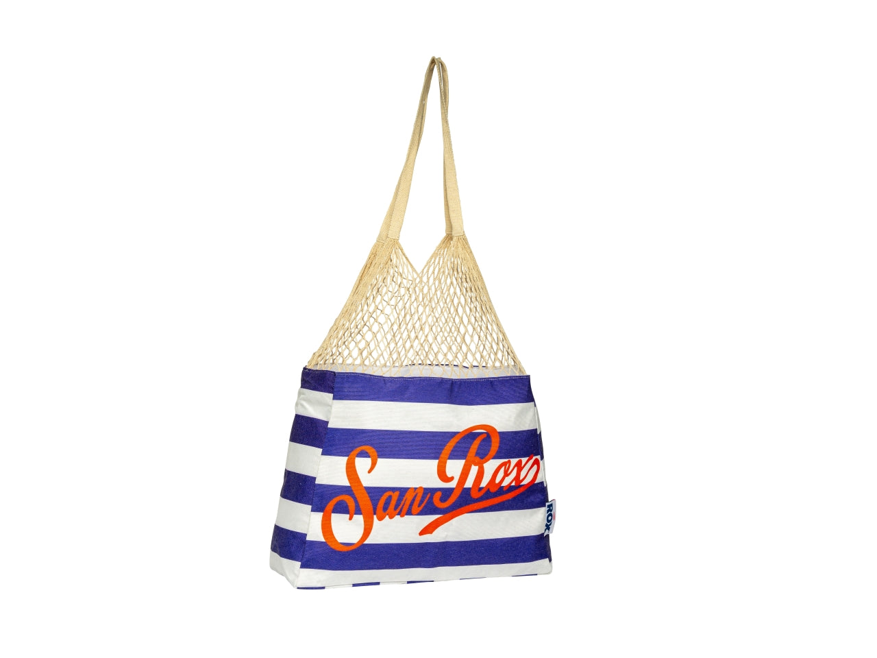 Borsa mare in misto cotone blu e beige rigata con maniglie e rete di cotone naturale 60x15x50 cm - Rox