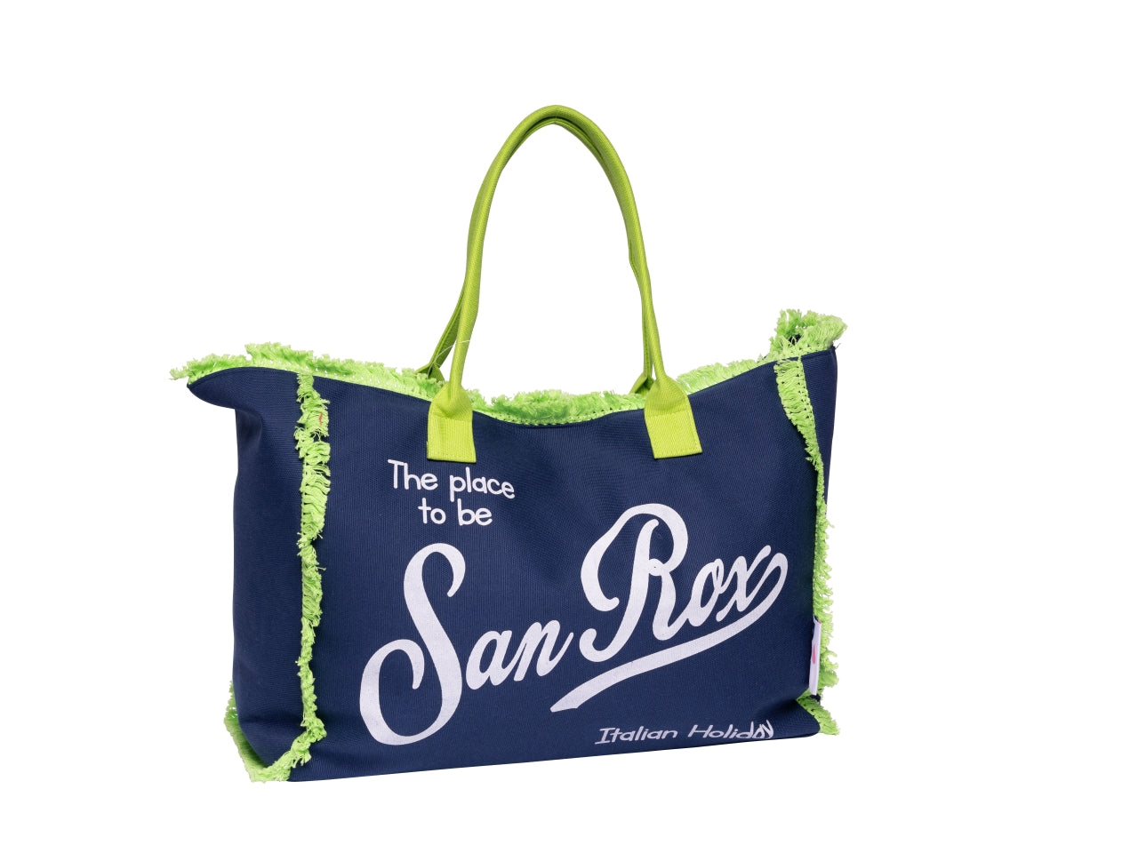 Borsa mare con frange in misto cotone blu e verde 45x35x20 cm - Rox