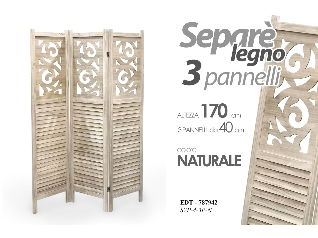 Separe' in legno naturale con 3 pannelli da 40cm alti 170cm