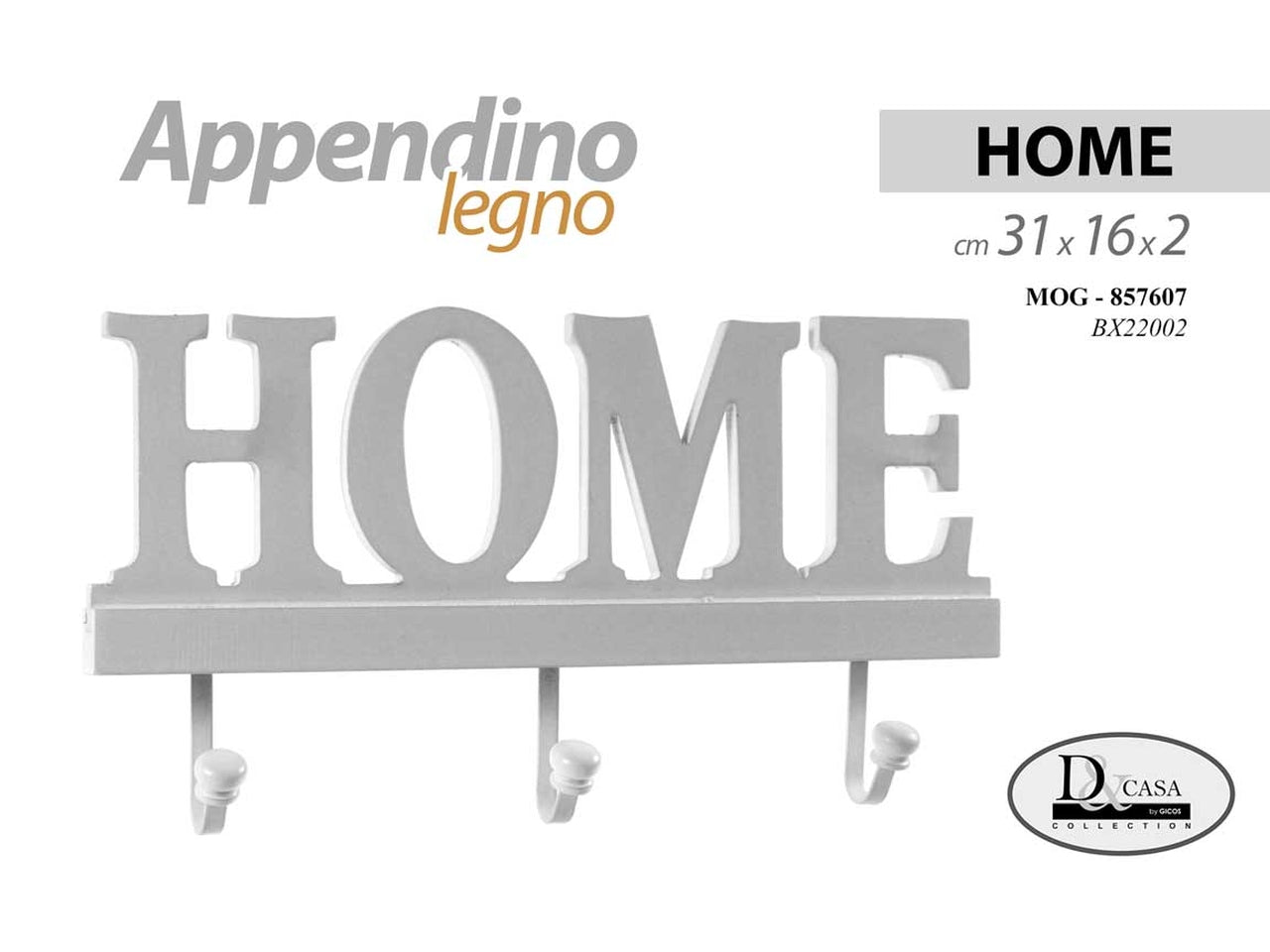 Attaccapanni da muro scritta Home in mdf e ferro a 3 ganci 31x16x2 cm - Gicos