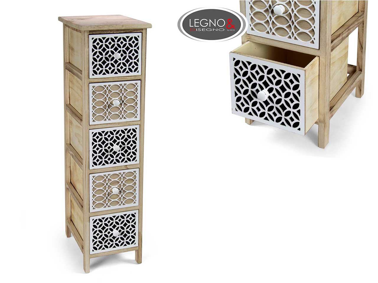 Cassettiera legno naturale/bianco shabby chic 26x32x98 cm - Gicos