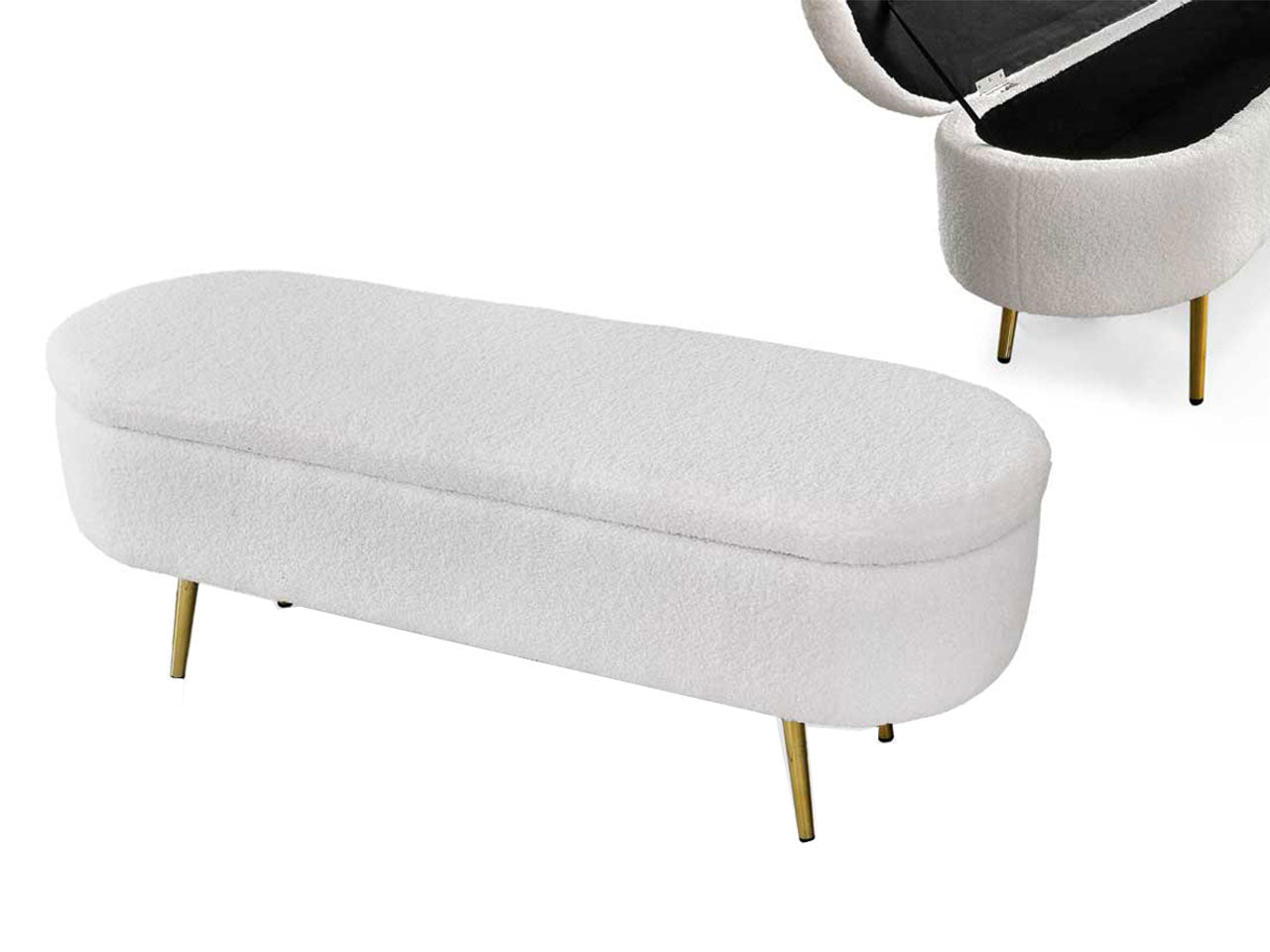 Panca tessuto teddy bianco con piedi dorati moderno - 122x41x47cm - Gicos