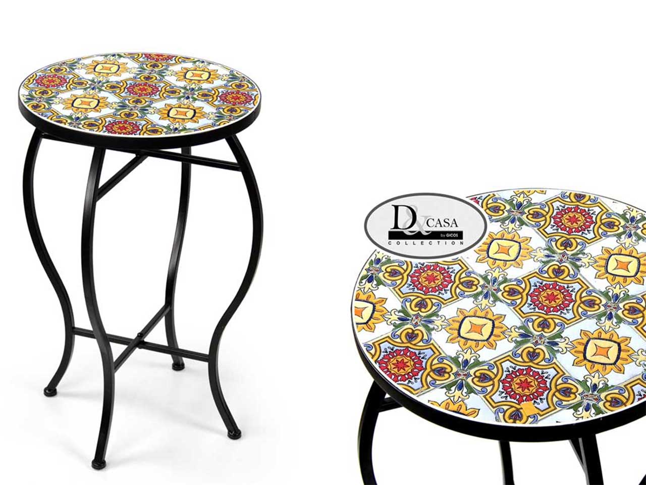 Tavolino mediterraneo in metallo nero e multicolor rotondo 35x54 cm - Gicos