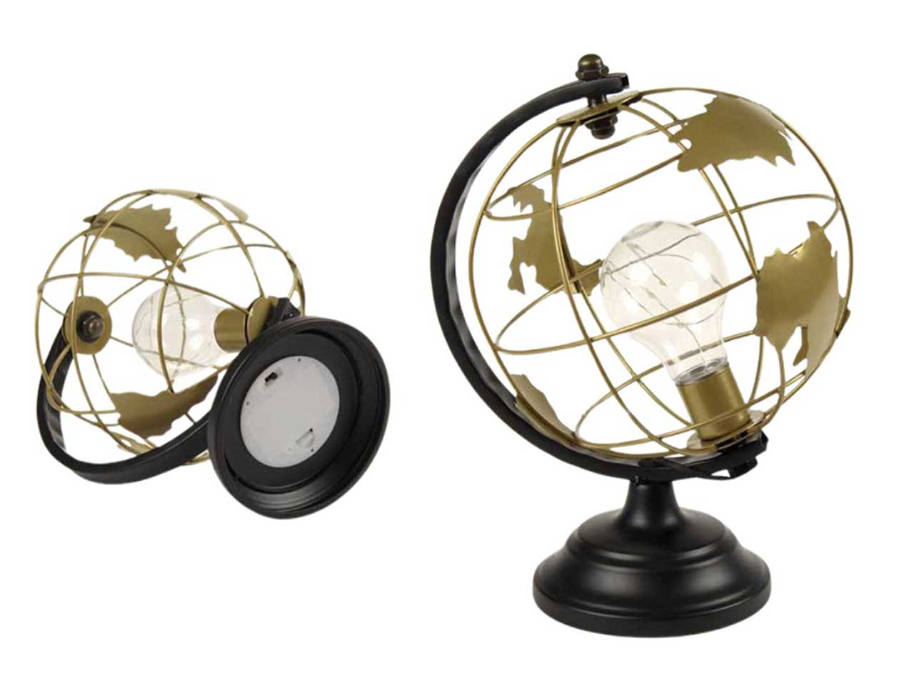 Lampada da tavolo mappamondo con LED, stile industrial in metallo dorato e nero 17x23cm - Gicos