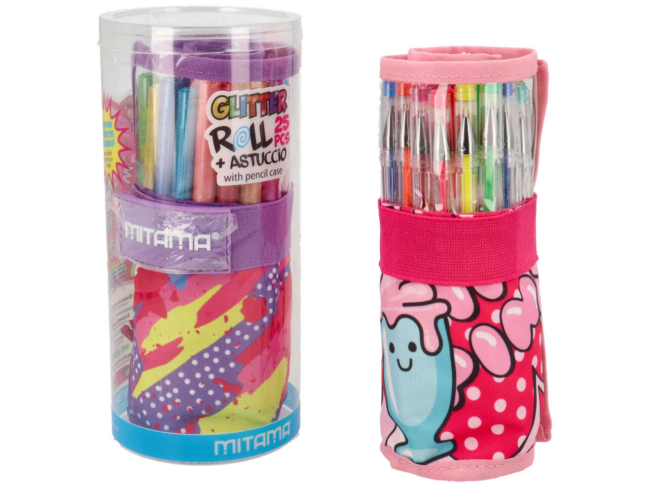 Astuccio scuola Mitama, glitter roll + bustina assortiti, arrotolabile con 25 pezzi