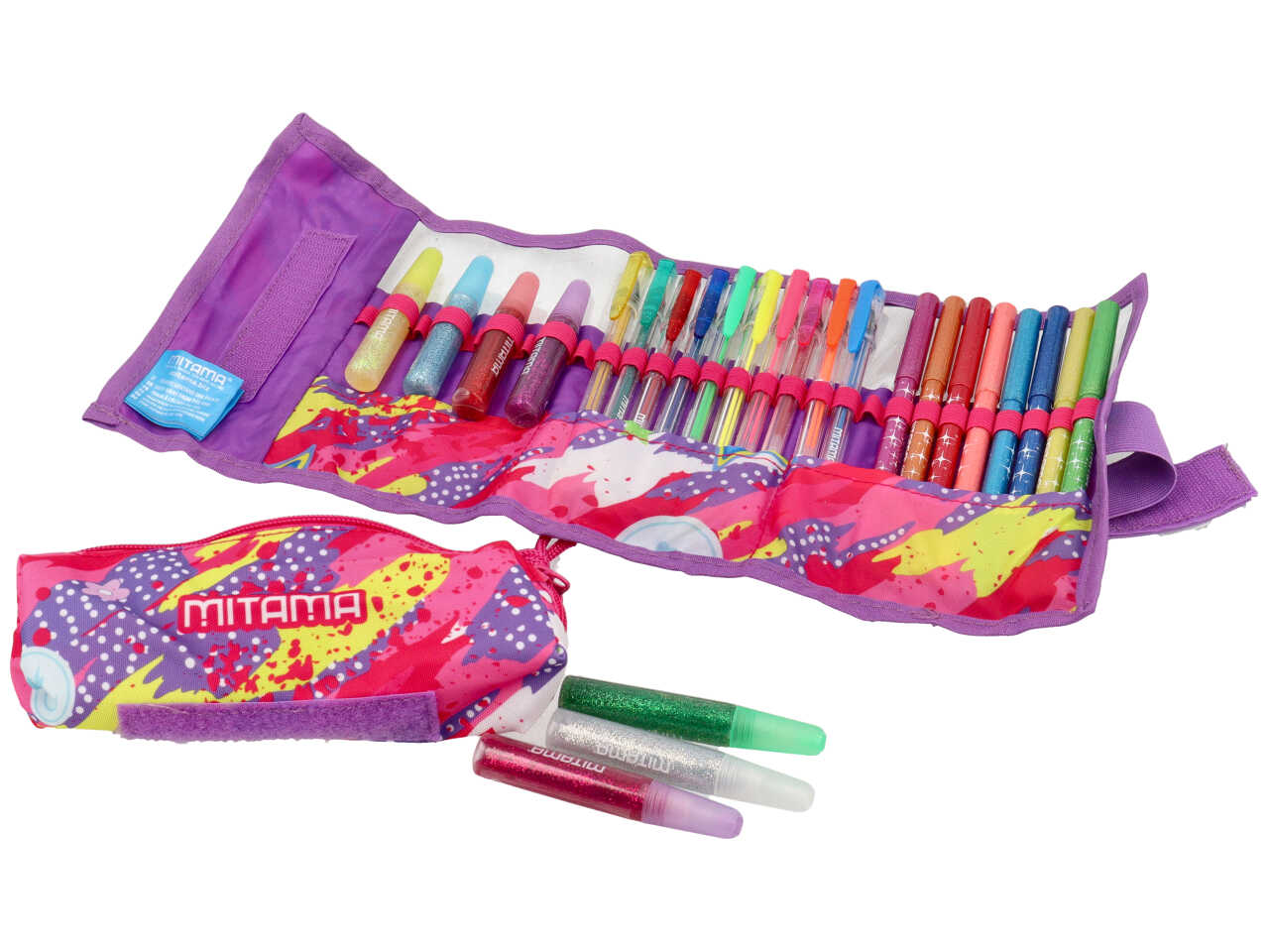 Astuccio scuola Mitama, glitter roll + bustina assortiti, arrotolabile con 25 pezzi