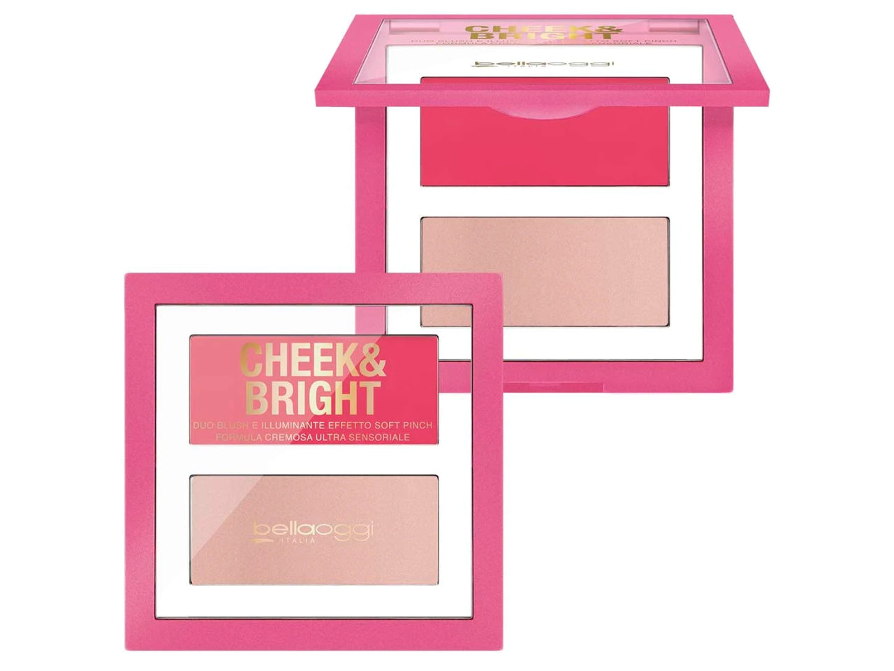Palette viso Blush e Illuminante in Crema - Cheek and Bright - Copertura Modulabile - Cheeky Pink - Bellaoggi