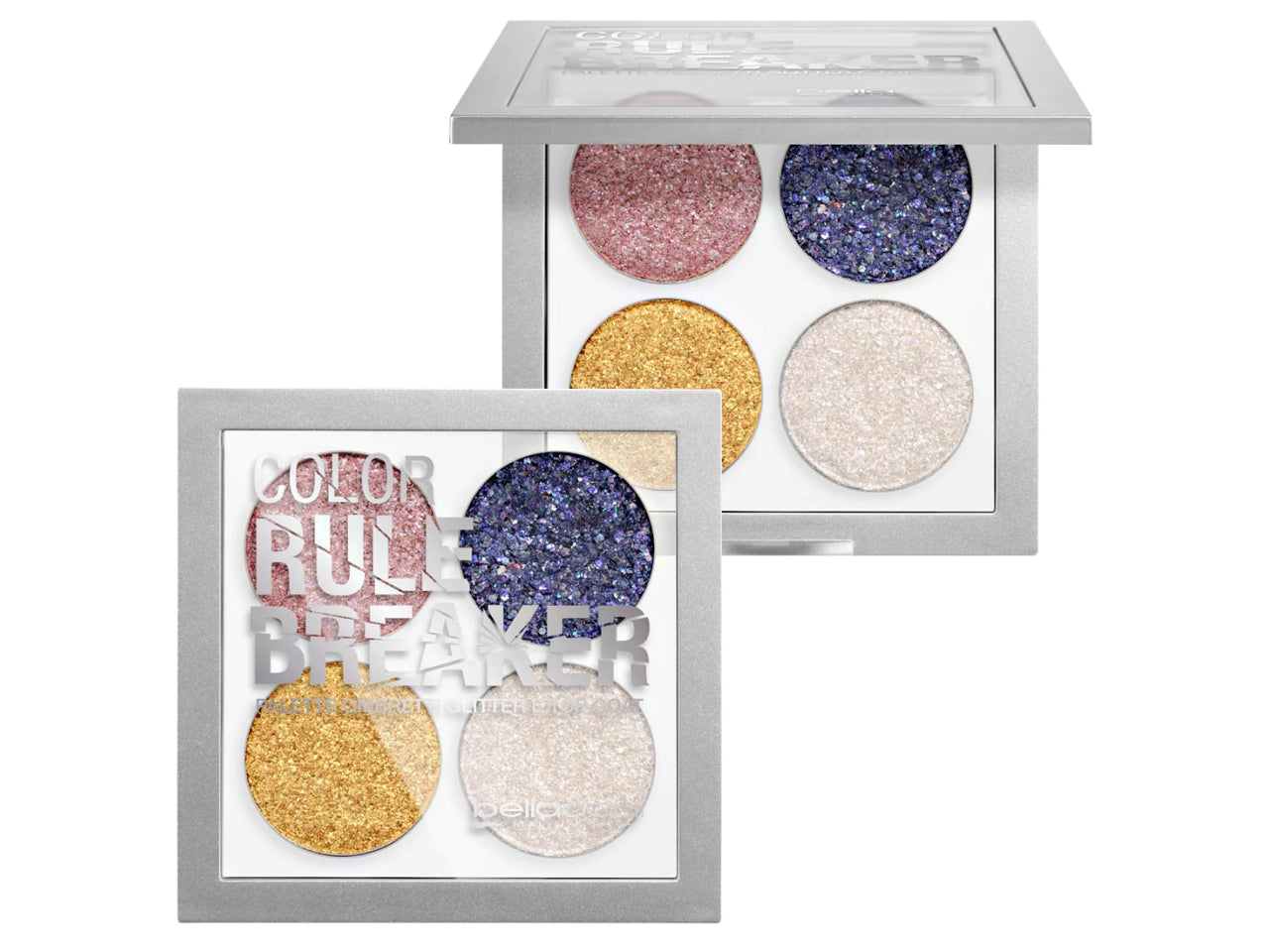 Palette occhi ombretto - Color Rule Breaker - Look Bold, 4 Ombretti Glitterati, Top Coat - Glitter Party - Bellaoggi