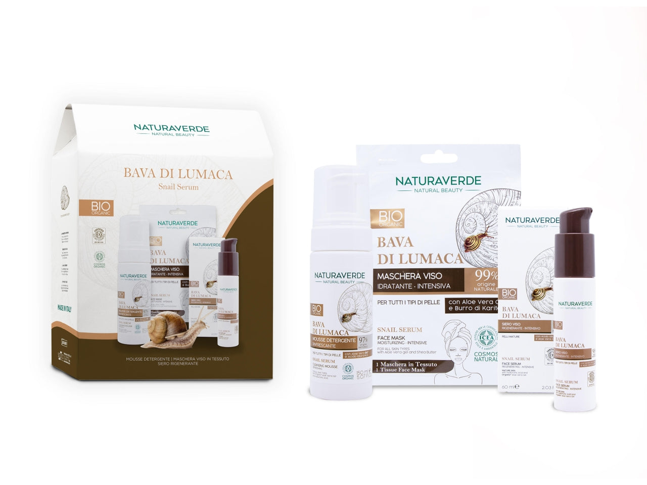Naturaverde bava di lumaca confezione regalo contenente 1 mousse detergente rinfrescante formato da 150ml, 1 siero viso rigenerante formato da 60ml e 1 maschera idratante in tessuto