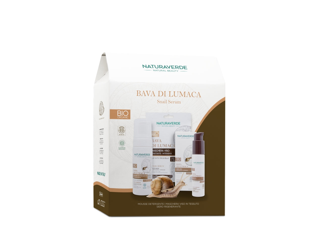 Naturaverde bava di lumaca confezione regalo contenente 1 mousse detergente rinfrescante formato da 150ml, 1 siero viso rigenerante formato da 60ml e 1 maschera idratante in tessuto