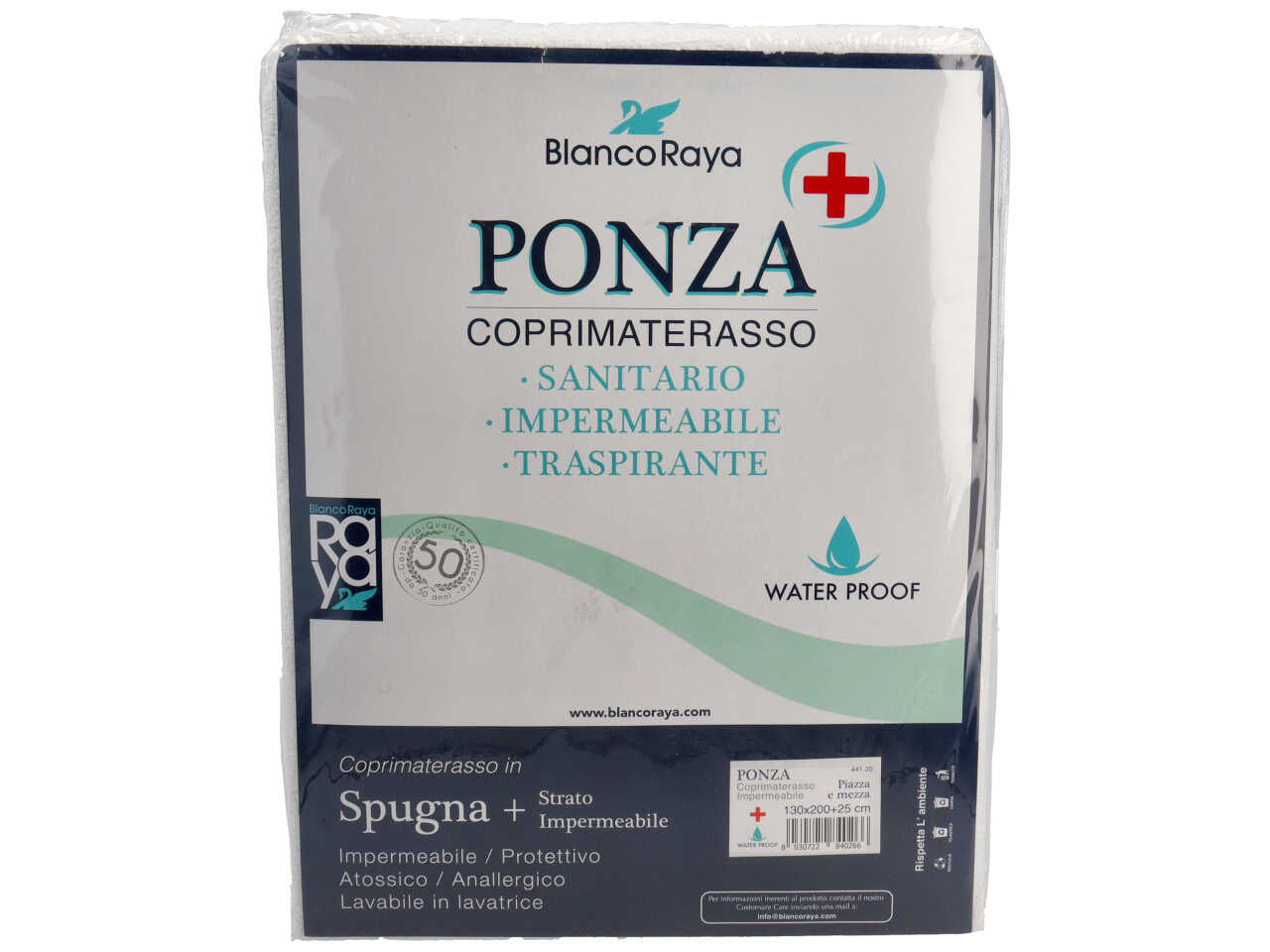 Coprimaterasso impermeabile Ponza in cotone e poliestere bianco 130x200+25 cm - Blanco Raya