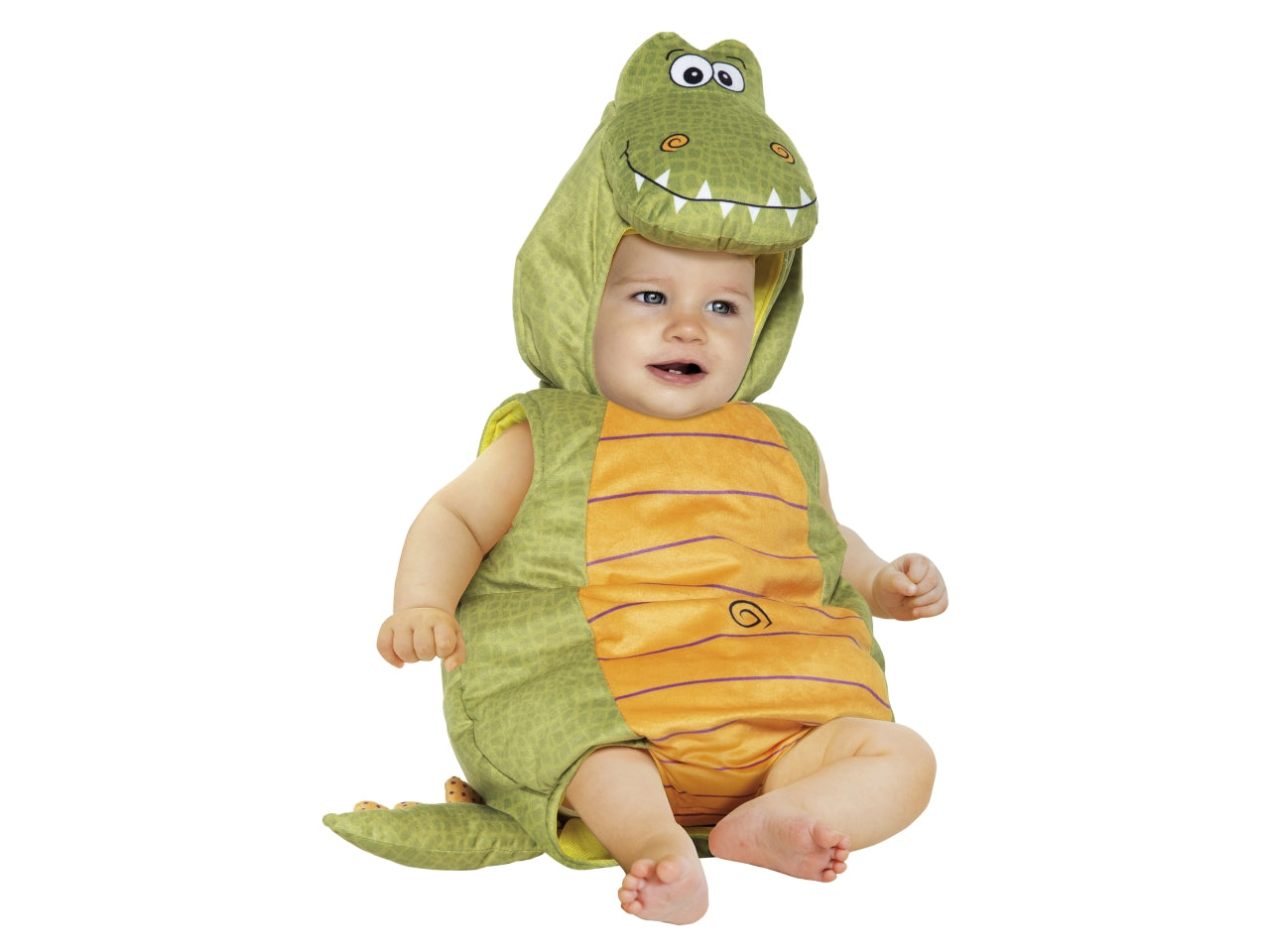 Costume carnevale da dinosauro a saccotto con cappuccio in velluto multicolor, età 6/12 mesi, packaging busta trasparente, materiale 100% poliestere, altezza 50 cm, personaggi Dinosauro, tema animali, genere unisex, costume intero.