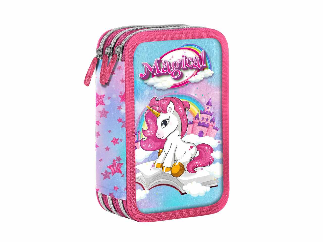 Astuccio 3 cerniere UNICORNO rosa in tessuto 6x12x19cm 530 g - 1 astuccio