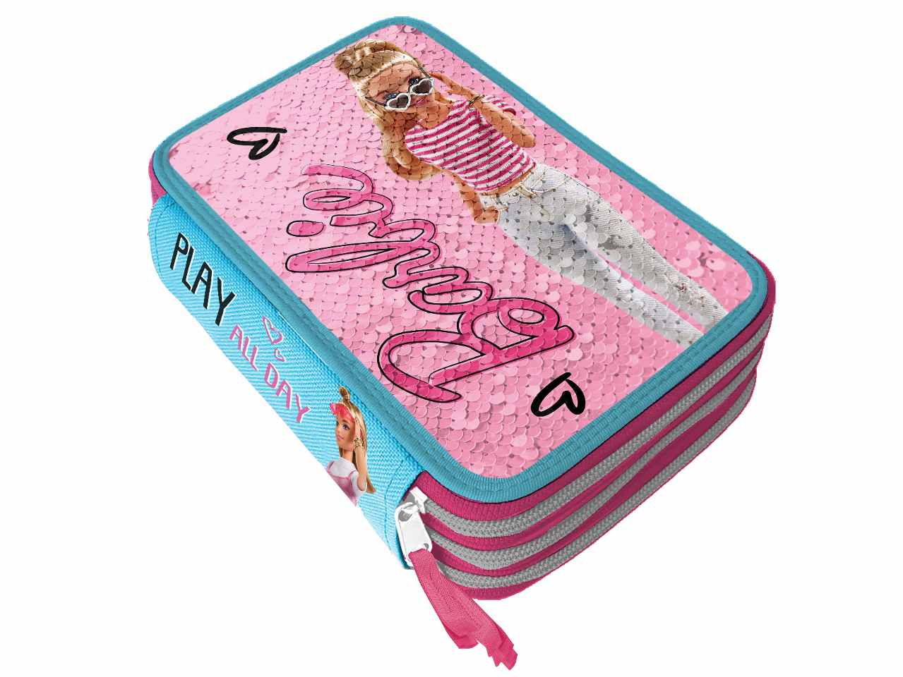 Astuccio 3 cerniere barbie rosa in tessuto 6x12x19cm 530 g - 1 astuccio