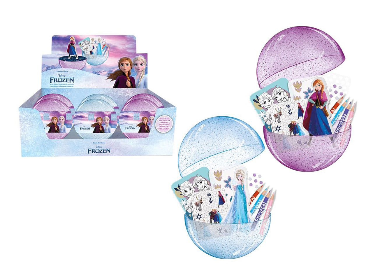 Sfera portaoggetti Frozen Disney con kit cancelleria per bambini - Viola/Celeste, include pastelli e adesivi, ideale per colorare, 12 cm