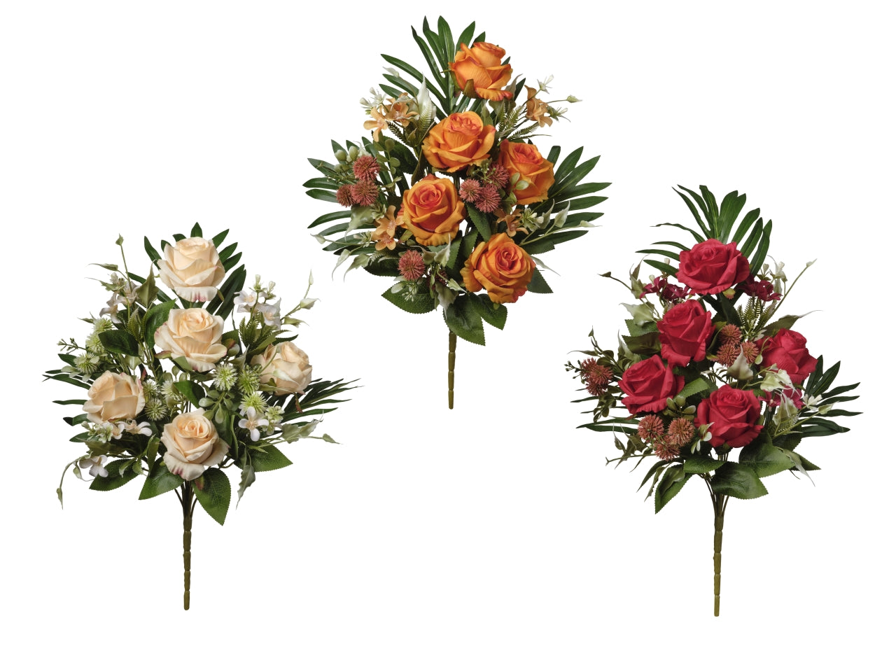 Mazzo frontale con rose artificiali flessibili rosa pesca, arancio e fucsia 50cm - Conti