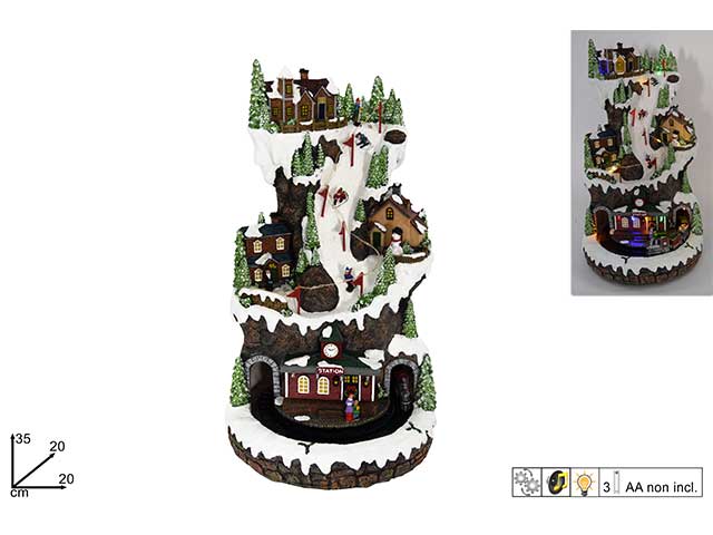 Giostrina natalizia villaggio con trenino con luci movimento suono 35x20x20cm batteria