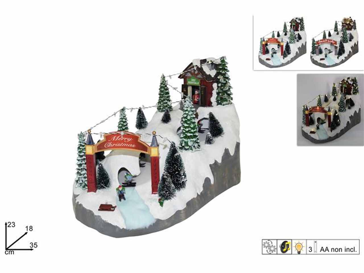 Giostrina natalizia pista da sci con luci movento e suoni 23x18x35cm batteria