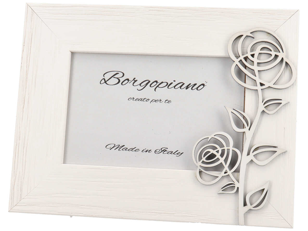 Cornice portafoto bianca in legno effetto invecchiato con rosa in rilievo stile shabby chic - 10x15cm - Borgopiano