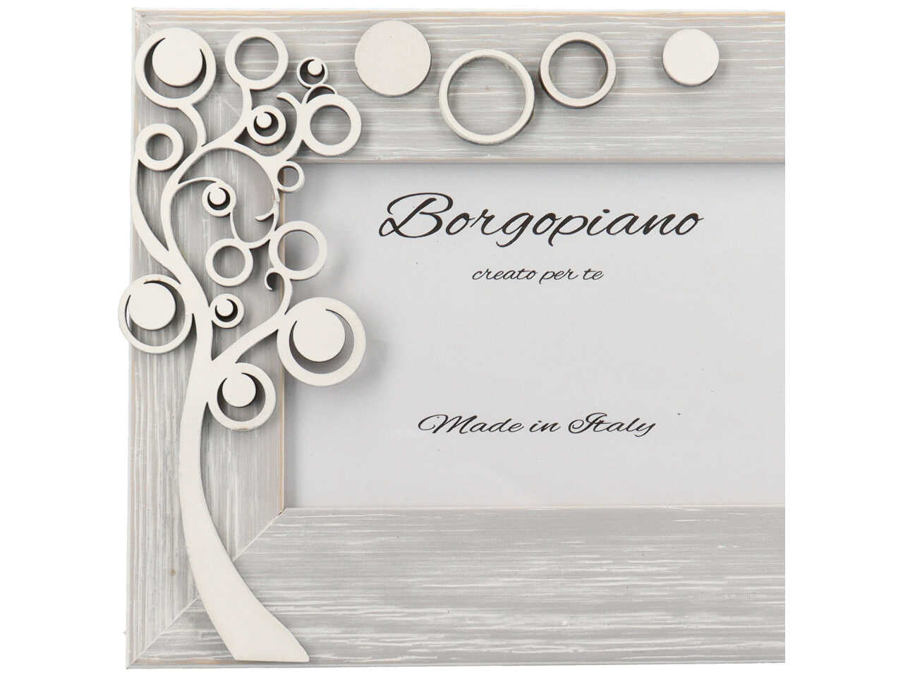 Cornice portafoto shabby chic in legno bianco effetto invecchiato, albero della vita in rilievo - foto 10x15cm - Borgopiano