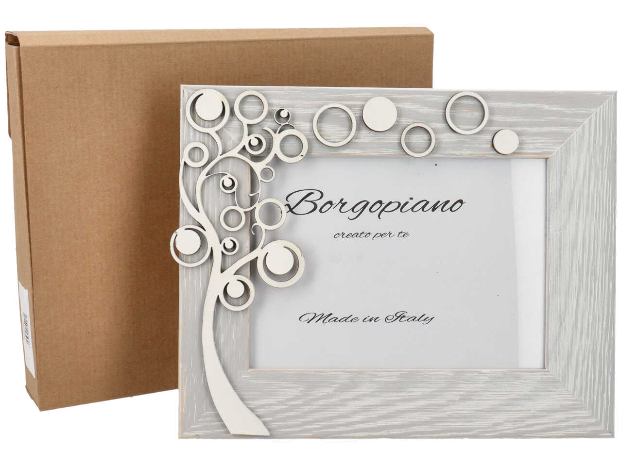 Cornice portafoto shabby chic in legno bianco effetto invecchiato, albero della vita in rilievo - foto 13x18cm - Borgopiano