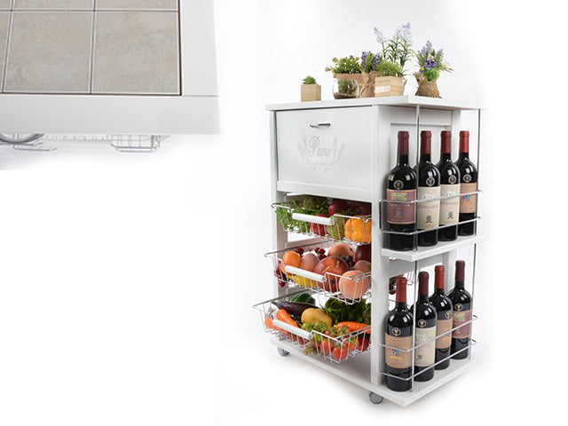 Carrello Porta Frutta e Verdura con portapane 56,5x37,3 h 82,2 in Legno, portavino carrello da cucina con ripiano multiuso 100% Made in Italy. (Bianco)