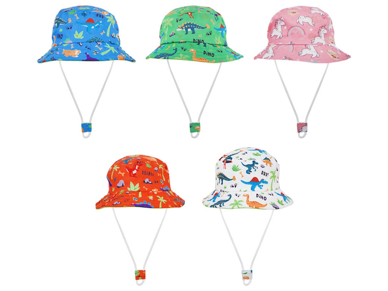 Cappellino pescatore da bambini colori assortiti in poliestere dinosauri o unicorni con corda sottomento - taglia 54/unica - M@rea