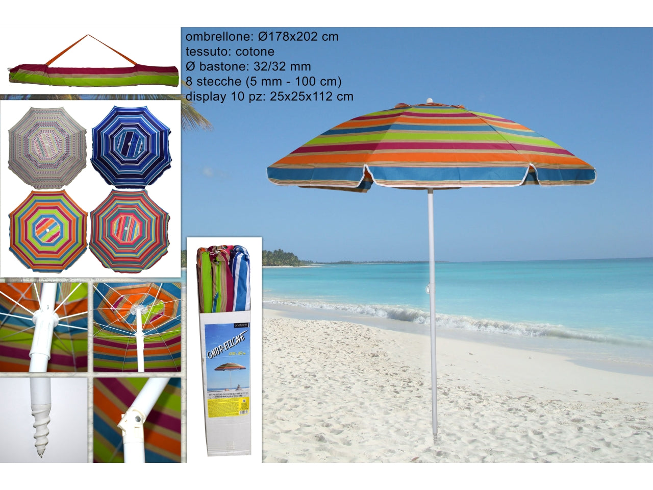 Ombrellone mare antivento in cotone multicolor a righe con asta in alluminio, 4 colori assortiti - 100x200 cm - Due Esse