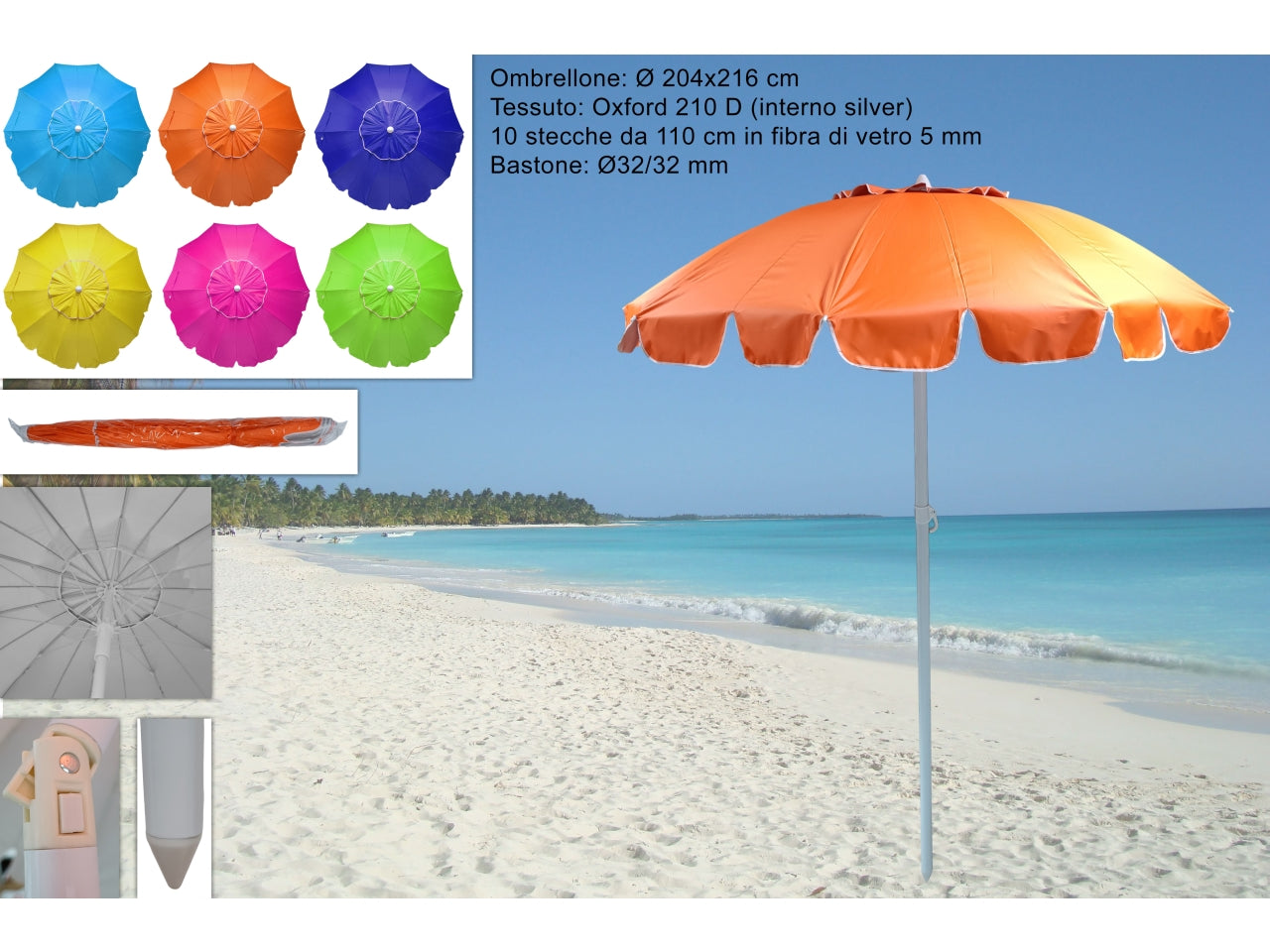 Ombrellone mare in poliestere colori assortiti interno silver 204x216 cm - Due Esse