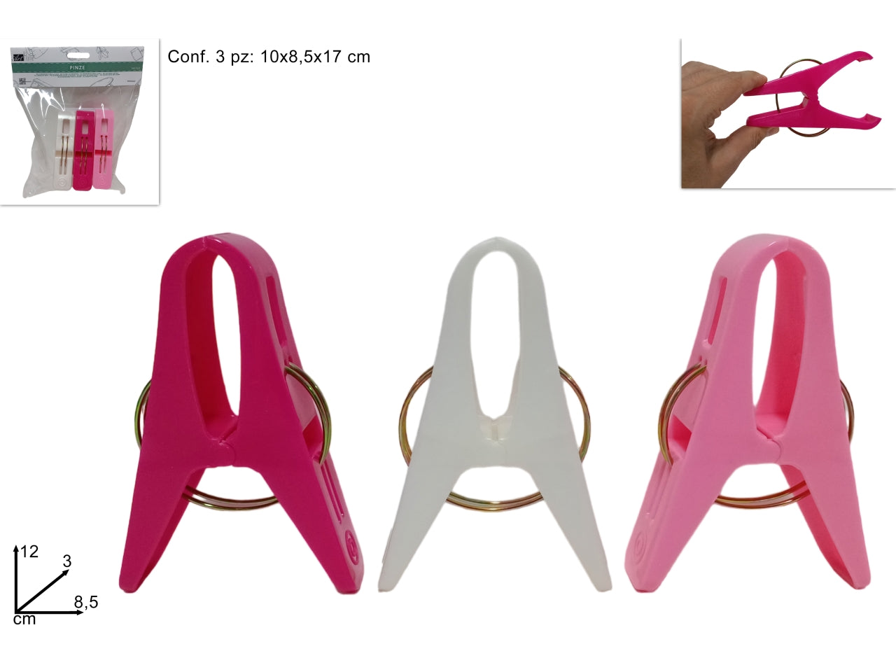 Set di 3 maxi pinze in plastica per teli mare, assortite in 3 colori - Due Esse