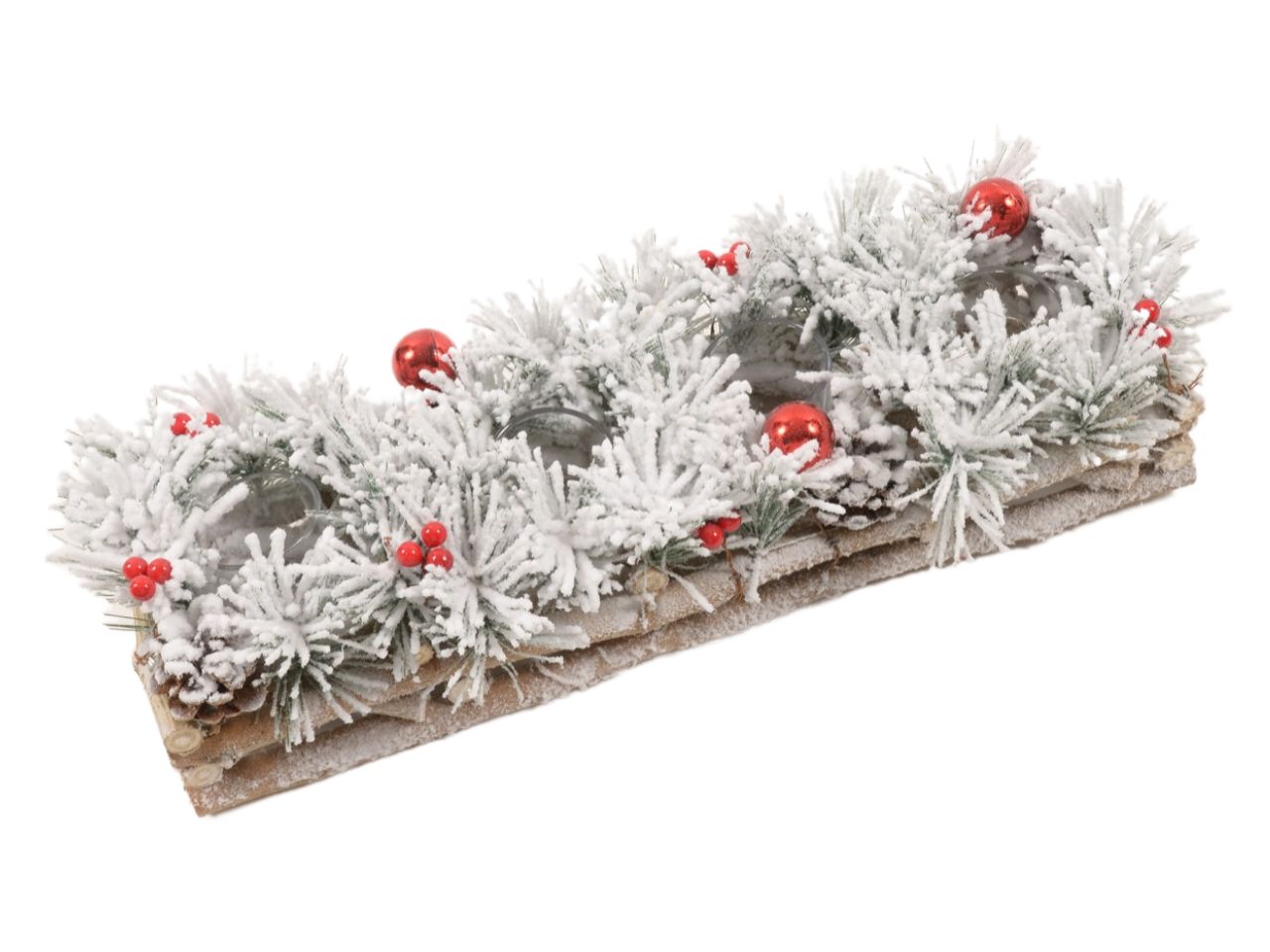 Portacandela 4 fuochi "snow" in legno 45x15x12cm