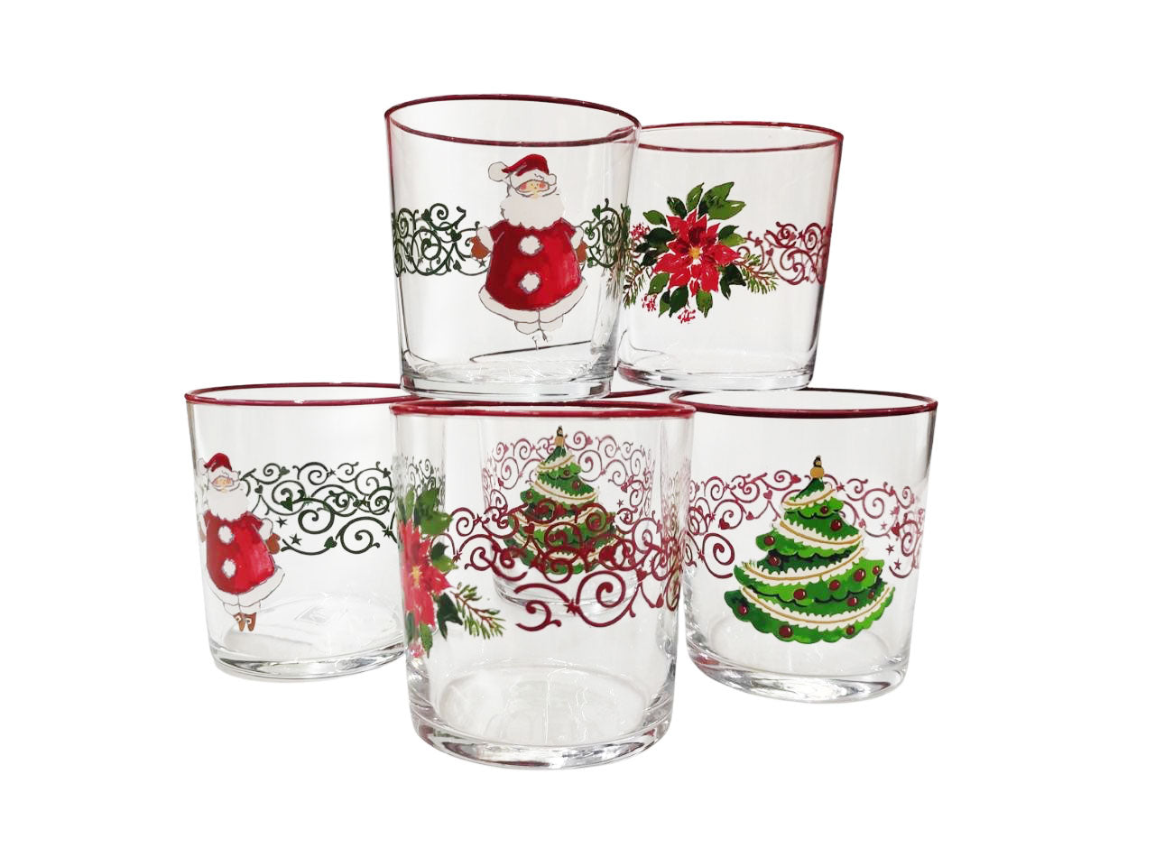 Bicchieri vetro "red christmas" cc 300 acqua colori assortiti 6 pezzi