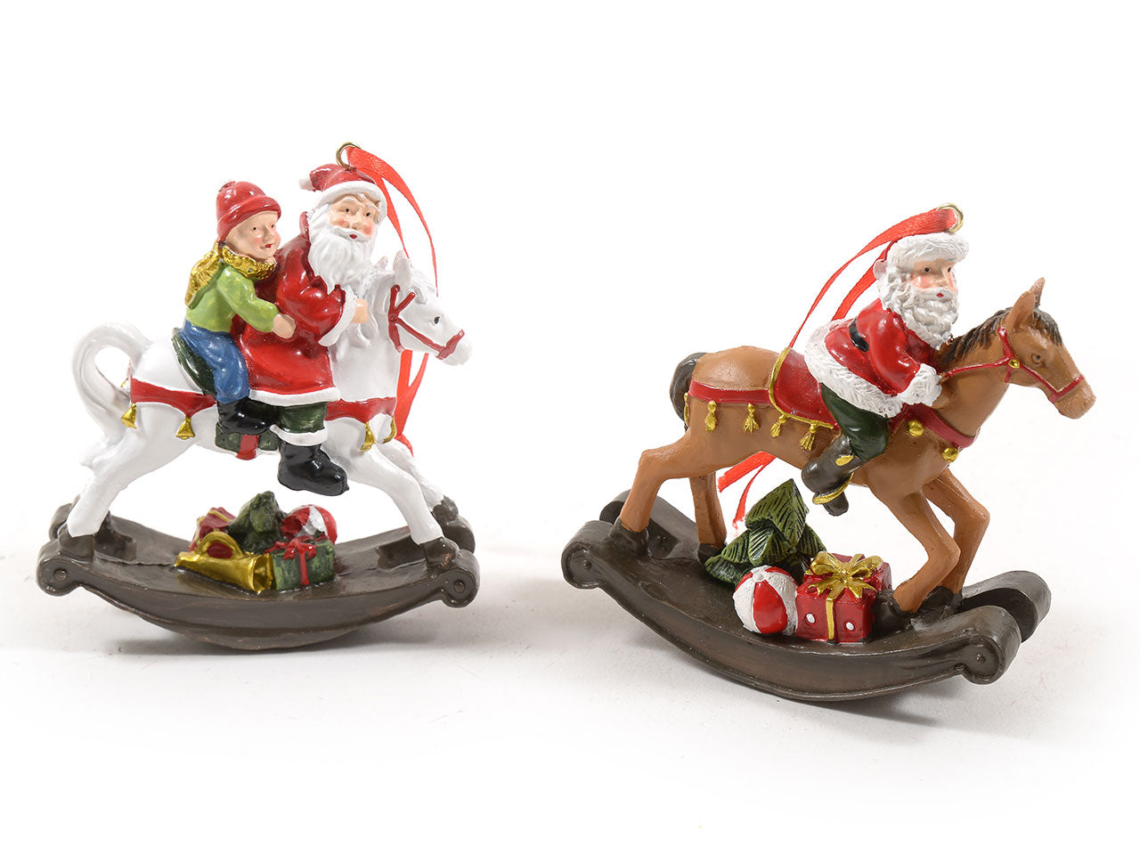 Pendente babbo natale su cavallo a dondolo in resina 9x4xh.10cm assortito