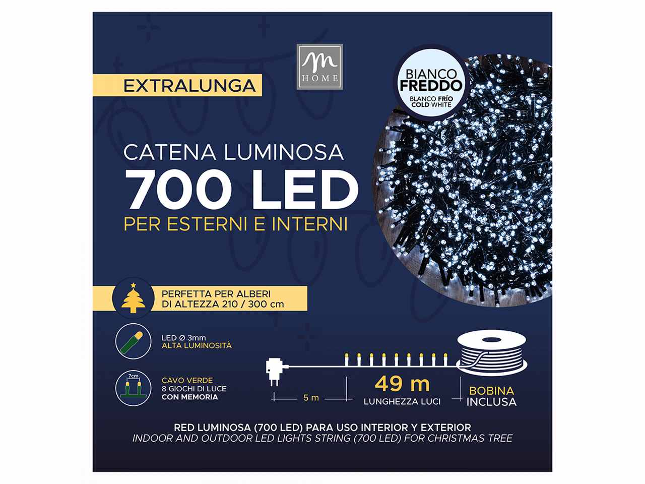 Catena luminosa 700 led colore bianco 8 giochi da esterno 54m con ruota in scatola
