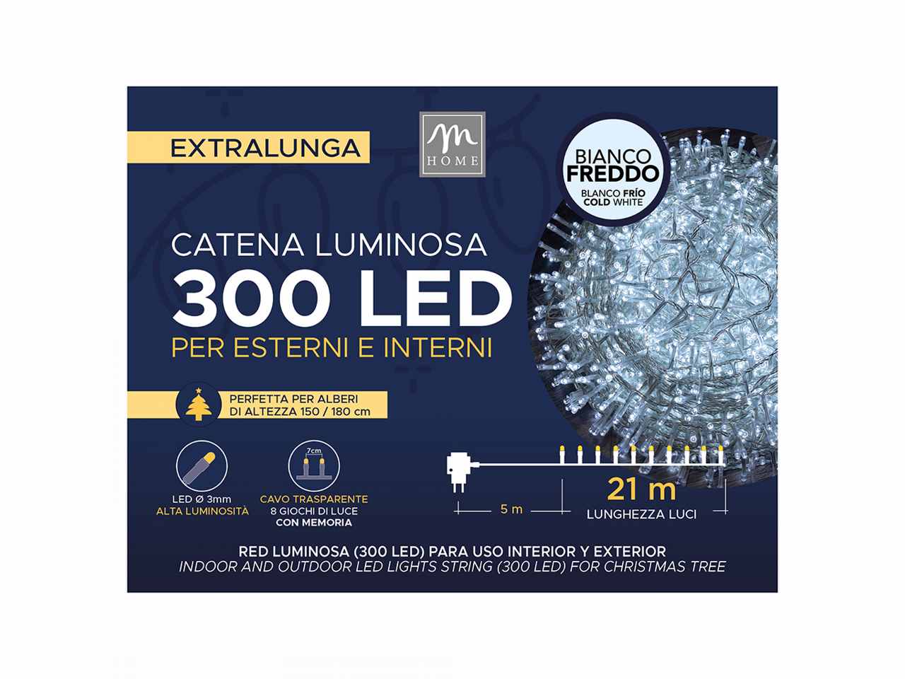 Catena luminosa 300 led colore bianco 8 giochi da esterno 26m in scatola
