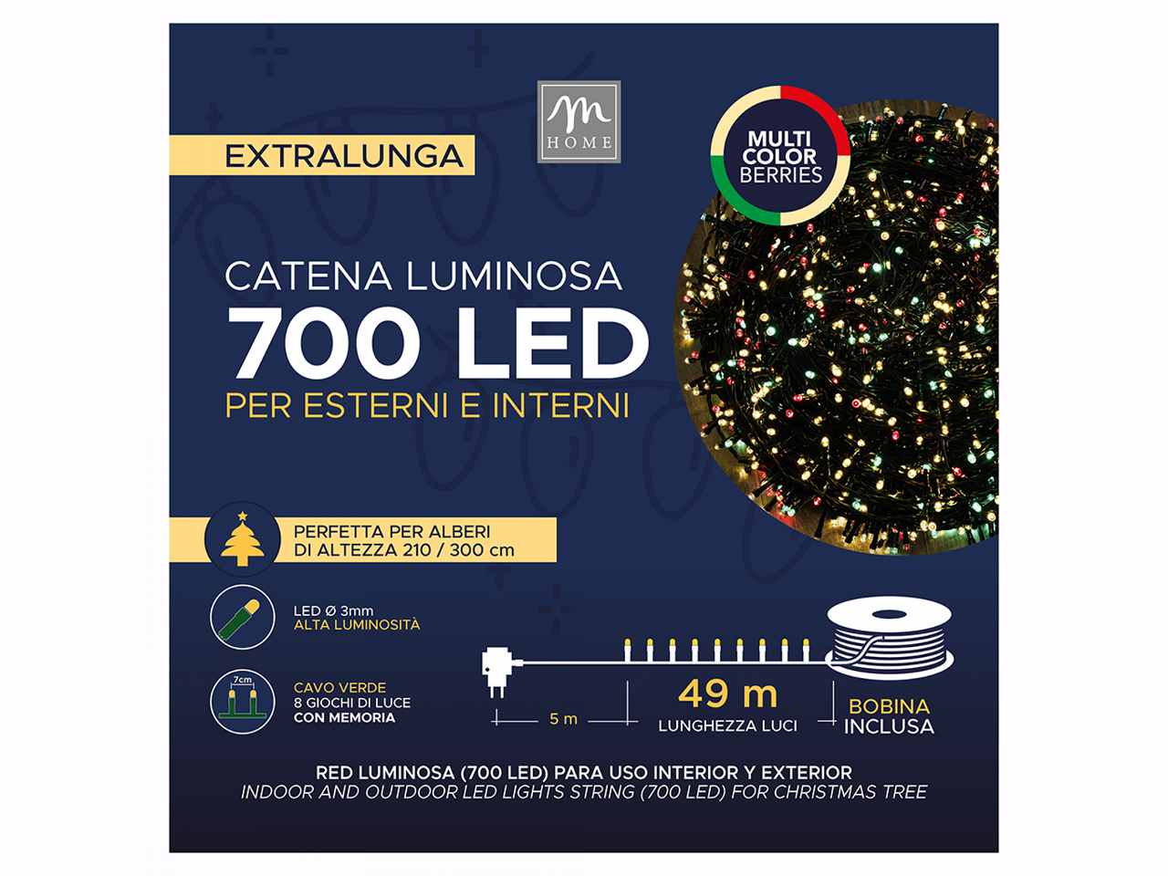 Catena luminosa 700 led colore berries 8 giochi da esterno 54m con ruota in scatola