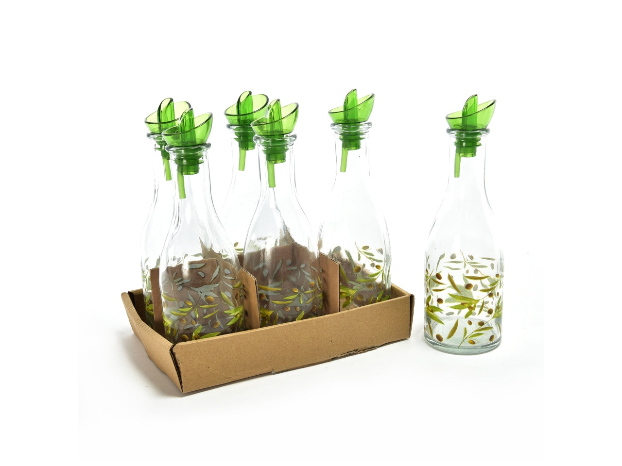 Oliera in vetro decorata con foglie d'ulivo e tappo dosatore - 280 ml