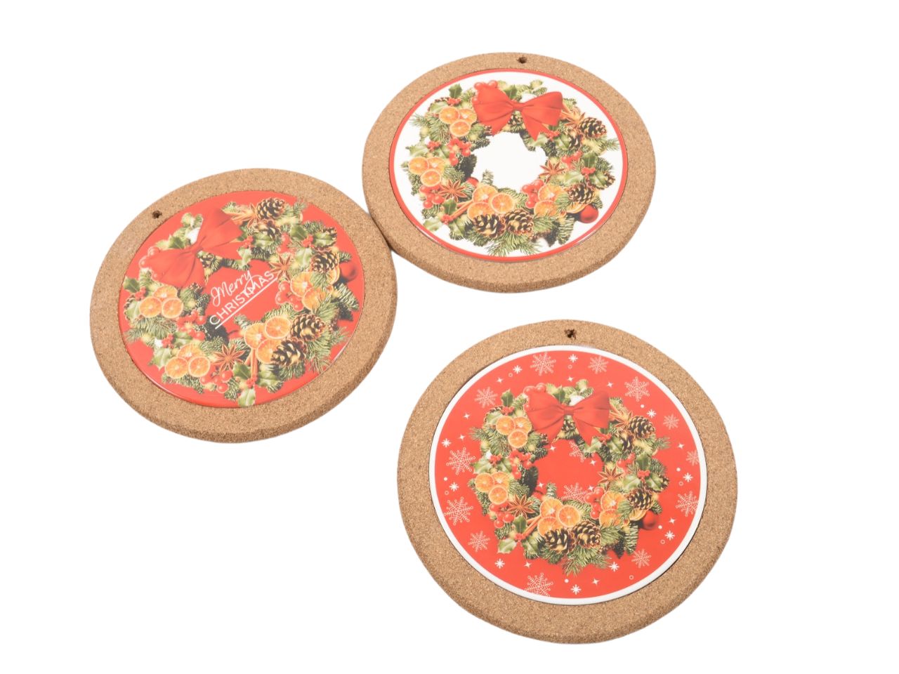 Decorazione "merry christmas" in ceramica con sughero diam.20cm assortita