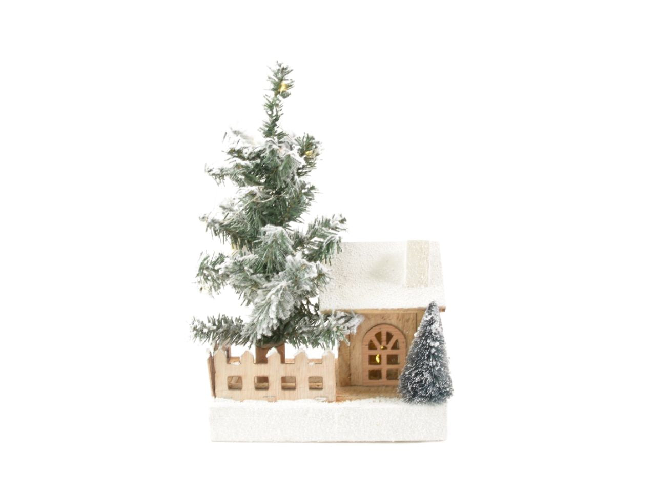 Albero innevato e luci led h.34x21x12cm con casetta legno