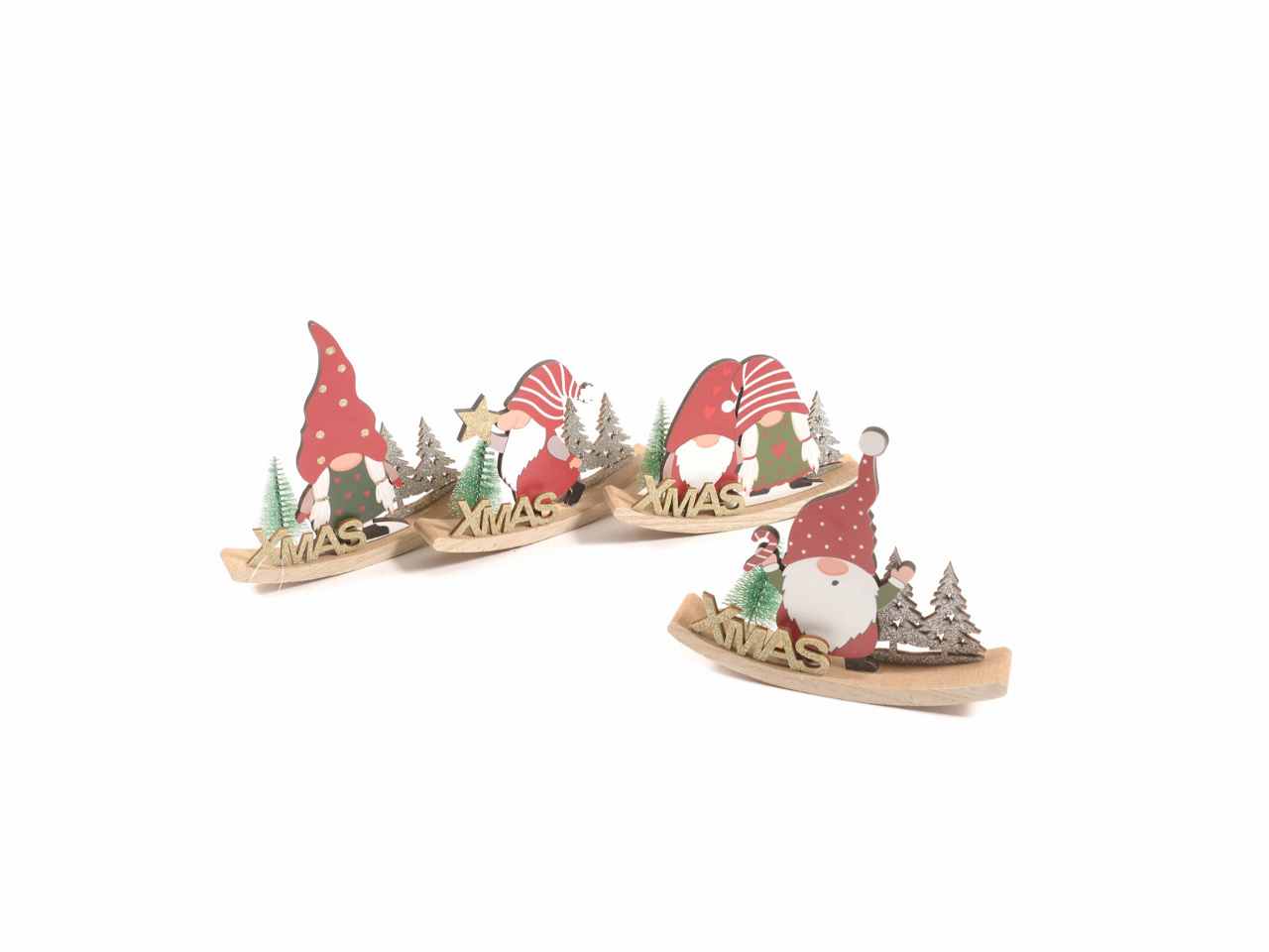 Decorazione babbo natale su dondolo in legno 14,5x3xh.9,5cm assortita