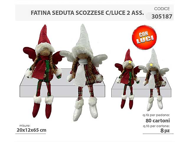 Fatina seduta scozzese con luce 20x12x65cm 305187