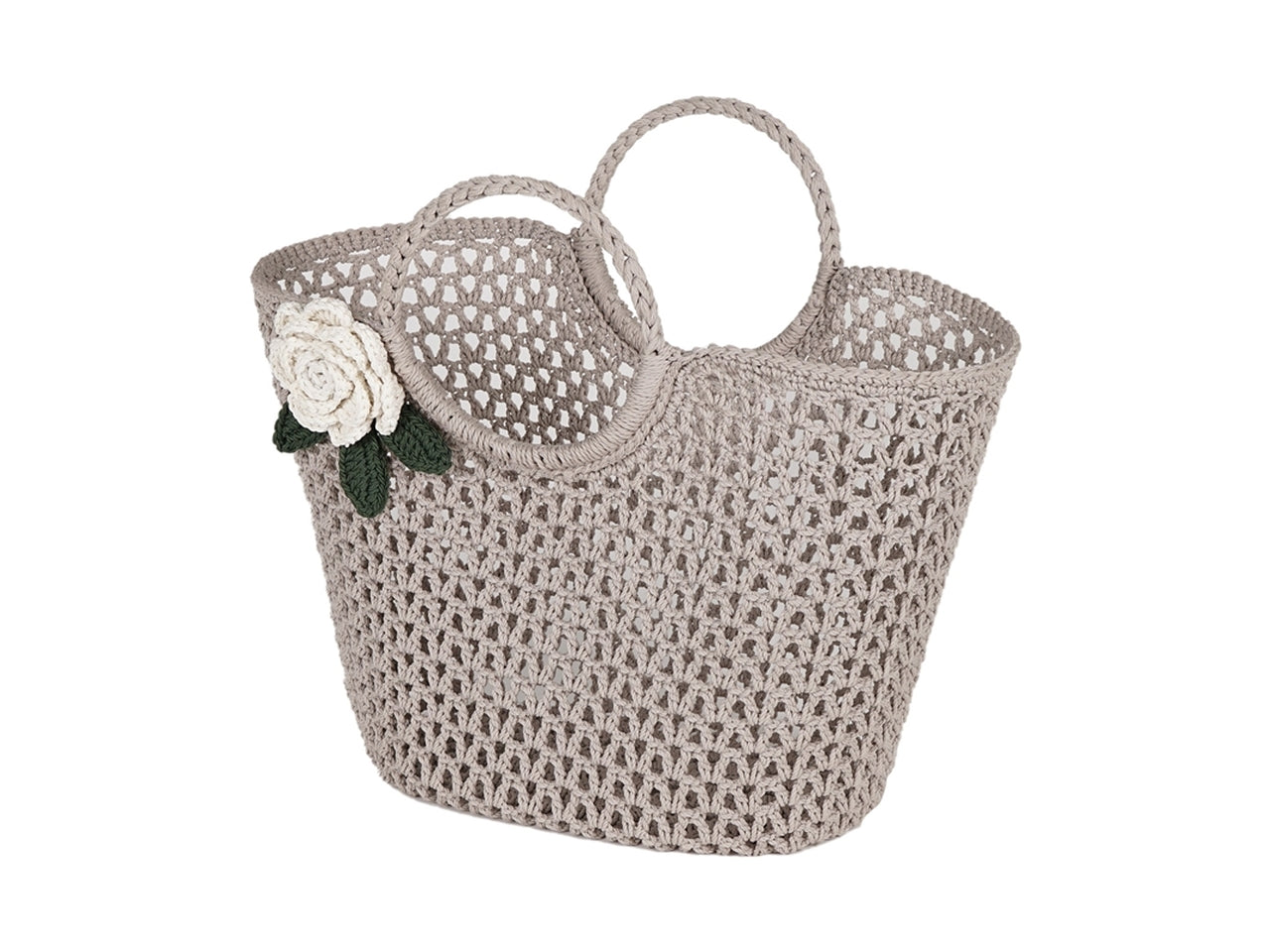 Borsa mare in poliestere tortora con lavorazione ad uncinetto e fiore a rilievo - 39x40x25 cm - Plàthea